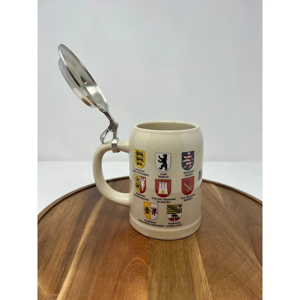 Beer Stein Hard Rock Ceramic with Pewter Lid German‎ Coat of Arms